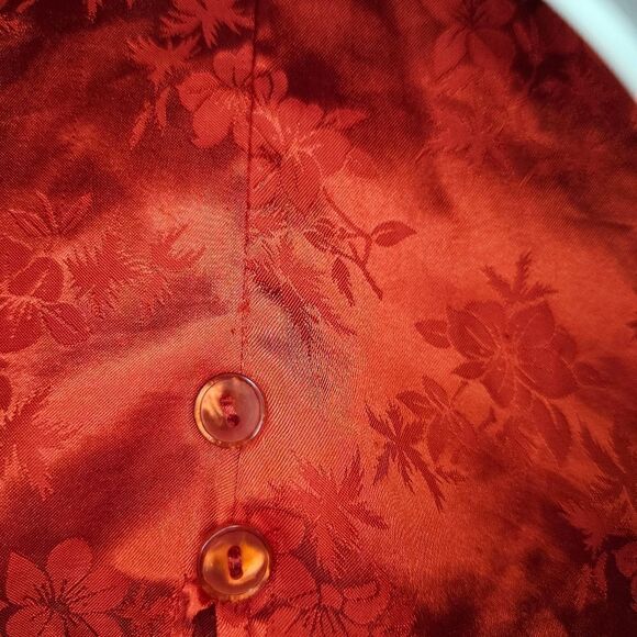 Vintage Gina USA Red Floral Jacquard Satin Short Sleeve Button Down Sleep Shirt - Picture 6 of 7